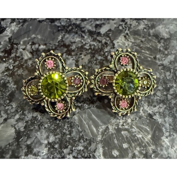 Sarah Coventry Jewelry - Vintage Sarah Coventry Green & Pink Rhinestone Flower Clip-On Earrings Gold Tone